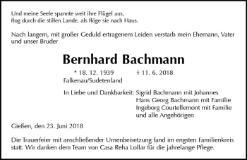 Traueranzeige von Bernhard Bachmann von  Gießener Anzeiger