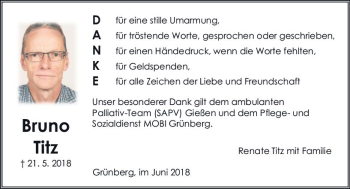 Traueranzeige von Bruno Titz von  Gießener Anzeiger
