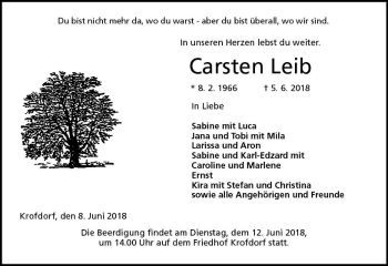 Traueranzeige von Carsten Leib von  Gießener Anzeiger