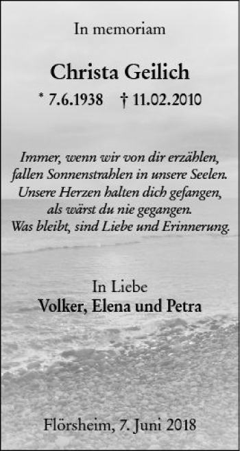Traueranzeige von Christa Geilich von Trauerportal Rhein Main Presse