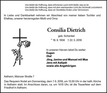 Traueranzeige von Consilia Dietrich von Trauerportal Rhein Main Presse