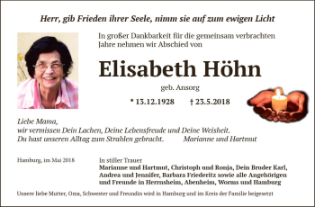 Traueranzeige von Elisabeth Höhn von Trauerportal Rhein Main Presse