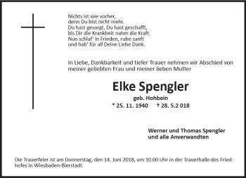 Traueranzeige von Elke Spengler von Trauerportal Rhein Main Presse