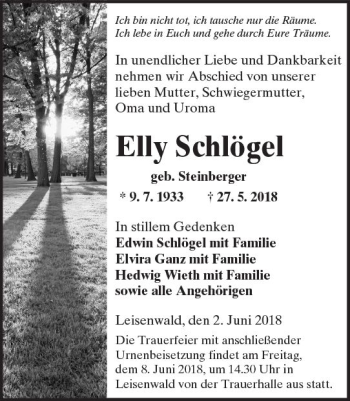 Traueranzeige von Elly Schlögel von  Kreisanzeiger