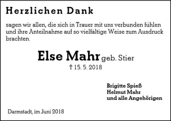 Traueranzeige von Else Mahr von Trauerportal Rhein Main Presse