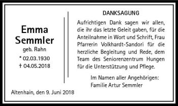 Traueranzeige von Emma Semmler von  Gießener Anzeiger