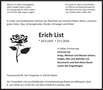 Traueranzeige von Erich List von Trauerportal Rhein Main Presse