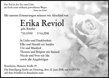 Traueranzeige von Erika Reviol von Trauerportal Rhein Main Presse
