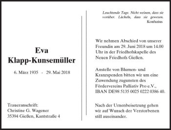 Traueranzeige von Eva Klapp-Kunsemüller von  Gießener Anzeiger