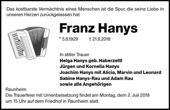 Traueranzeige von Franz Hanys von Trauerportal Rhein Main Presse
