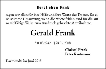 Traueranzeige von Gerald Frank von Trauerportal Rhein Main Presse