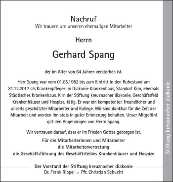 Traueranzeige von Gerhard Spang von Trauerportal Rhein Main Presse