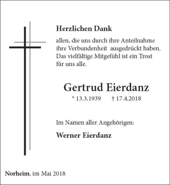 Traueranzeige von Gertrud Eierdanz von Trauerportal Rhein Main Presse