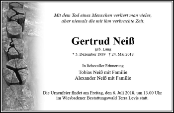 Traueranzeige von Gertrud Neiß von Trauerportal Rhein Main Presse