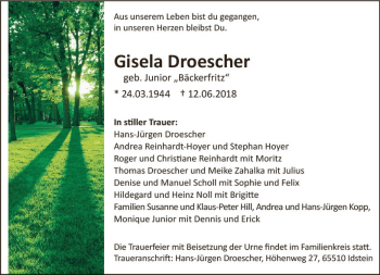 Traueranzeige von Gisela Droescher von Trauerportal Rhein Main Presse