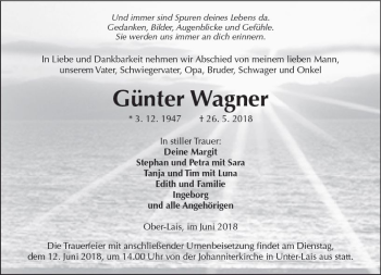 Traueranzeige von Günter Wagner von  Kreisanzeiger