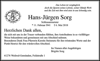 Traueranzeige von Hans-Jürgen Sorg von  Usinger Anzeiger