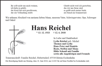 Traueranzeige von Hans Reichel von Trauerportal Rhein Main Presse