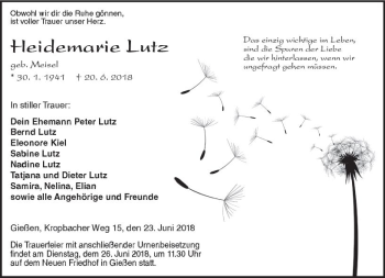 Traueranzeige von Heidemarie Lutz von  Gießener Anzeiger