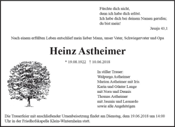 Traueranzeige von Heinz Astheimer von Trauerportal Rhein Main Presse