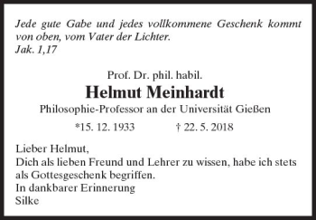 Traueranzeige von Helmut Meinhardt von  Gießener Anzeiger