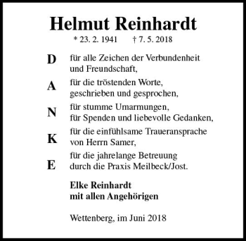Traueranzeige von Helmut Reinhardt von  Gießener Anzeiger