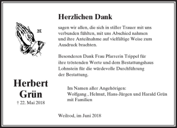 Traueranzeige von Herbert Grün von  Usinger Anzeiger