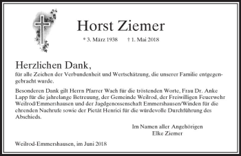 Traueranzeige von Horst Ziemer von  Usinger Anzeiger