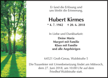 Traueranzeige von Hubert Kirmes von Trauerportal Rhein Main Presse