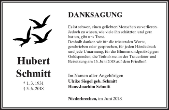 Traueranzeige von Hubert Schmitt von  Camberger Anzeiger