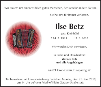 Traueranzeige von Ilse Betz von Trauerportal Rhein Main Presse