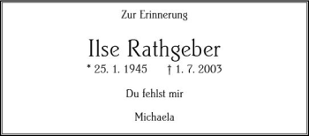 Traueranzeige von Ilse Rathgeber von Trauerportal Rhein Main Presse