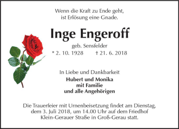 Traueranzeige von Inge Engeroff von Trauerportal Rhein Main Presse