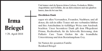 Traueranzeige von Irma Briegel von  Gießener Anzeiger
