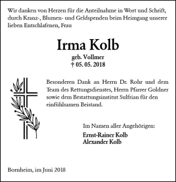 Traueranzeige von Irma Kolb von Trauerportal Rhein Main Presse
