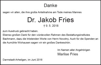 Traueranzeige von Jakob Fries von Trauerportal Rhein Main Presse