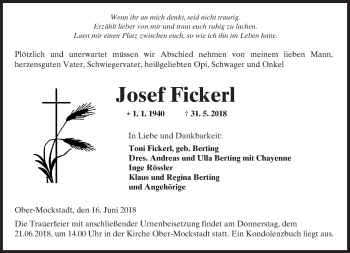 Traueranzeige von Josef Fickerl von  Kreisanzeiger