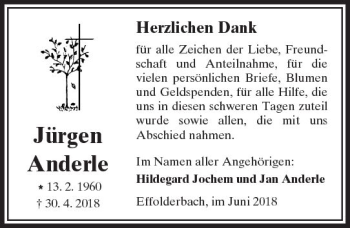 Traueranzeige von Jürgen Anderle von  Kreisanzeiger