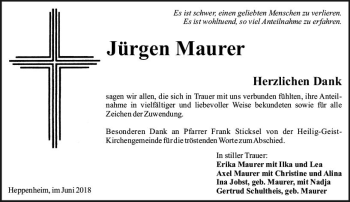 Traueranzeige von Jürgen Maurer von Trauerportal Rhein Main Presse
