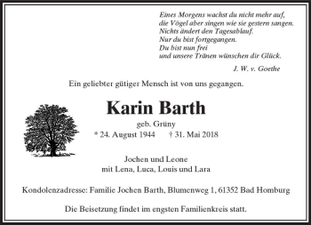 Traueranzeige von Karin Barth von  Usinger Anzeiger