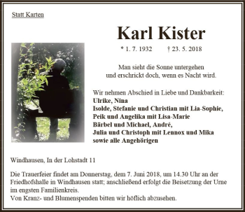Traueranzeige von Karl Kister von VRM Trauer