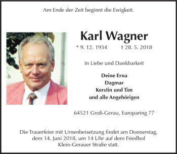 Traueranzeige von Karl Wagner von Trauerportal Rhein Main Presse