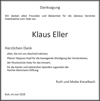 Traueranzeige von Klaus Eller von Trauerportal Rhein Main Presse