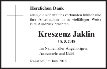 Traueranzeige von Kreszenz Jaklin von  Kreisanzeiger