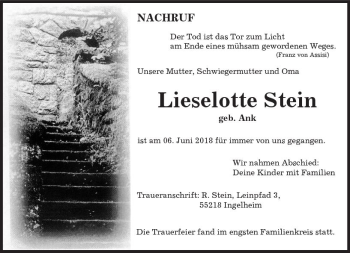 Traueranzeige von Lieselotte Stein von Trauerportal Rhein Main Presse
