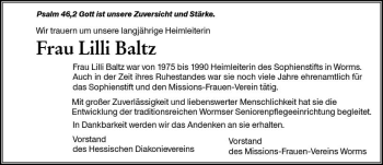 Traueranzeige von Lilli Baltz von Trauerportal Rhein Main Presse