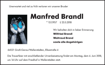 Traueranzeige von Manfred Brandl von Trauerportal Rhein Main Presse