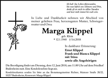 Traueranzeige von Marga Klippel von Trauerportal Rhein Main Presse