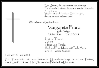 Traueranzeige von Margarete Franz von  Gießener Anzeiger