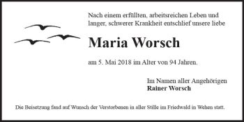 Traueranzeige von Maria Worsch von Trauerportal Rhein Main Presse